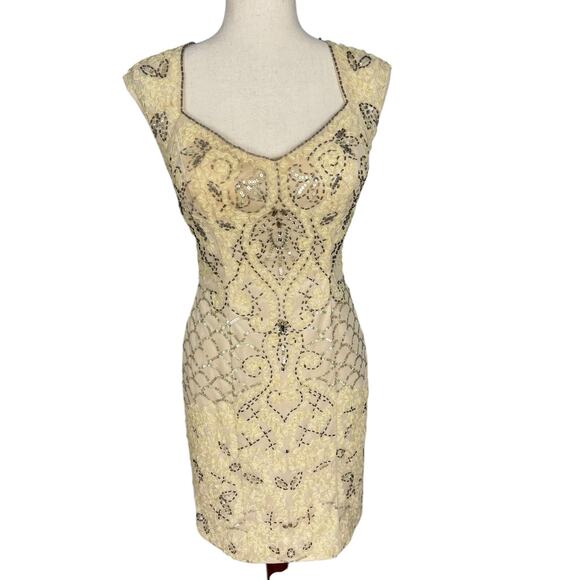 Sue Wong Nocturne 2015 Cream Ribbon Flower Beaded Cocktail Dress Size 4 NWT - Picture 2 of 15